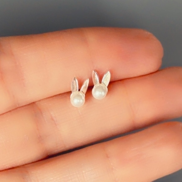 Sterling Silver Pearl Stud Bunny Ear Earrings - Picture 6 of 8
